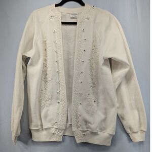 Vintage White Hanes Embellished Lace Cardigan‎ Sweatshirt Jacket Size L